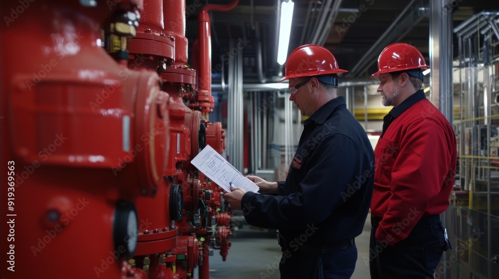 Generate a photo realistic image of technicians conducting maintenance inspection on fire safety equipment, with equipment maintenance checklist, fire alarm testing, and fire suppression system Generate a photo realistic image of technicians conducting maintenance inspection on fire safety equipment, with equipment maintenance checklist, fire alarm testing, and fire suppression system