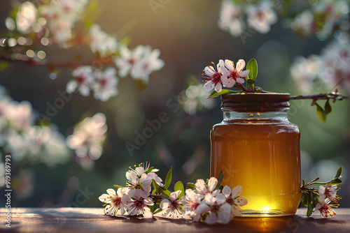 Jar of Honey with Blossoming Flowers in Sunlight
 photo