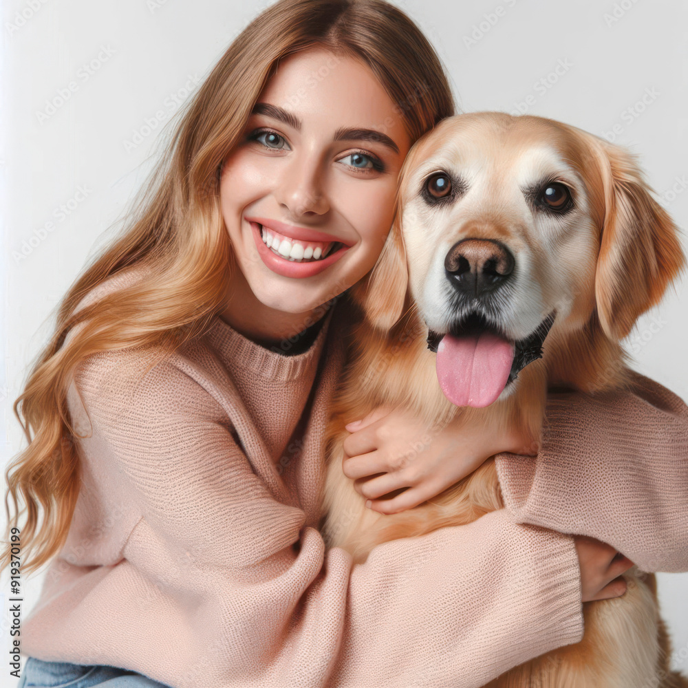 Cheerful girl hugging her dog on a white background Cheerful girl hugging her dog on a white background