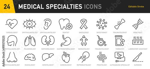 Medical Specialties web icons in line style. Medicine, RX, doctor, virus, testing, lab, scientific discovery, infographic collection. Vector illustration.