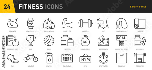 Fitness web icons in line style. Fitness, entertainment, healthy food, gym, training, workout, muscle, nutrition and dieting, collection. Vector illustration.