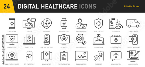 Digital Healthcare web icon set in line style. Online consultation, medical app, results, doctor appointment, health, lifestyle, collection. Vector illustration.