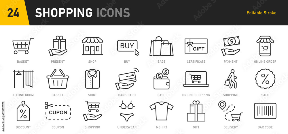 Shopping web icons in line style. Online shop, digital marketing, delivery, coupon, discount, bank card, gift, shop collection. Vector illustration.