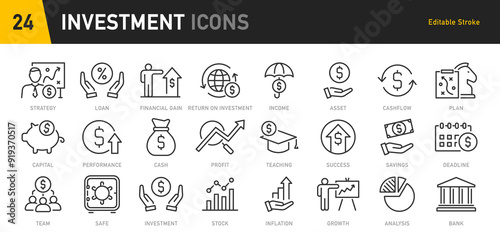Investment web icons in line style. Business, profit, risk management, finance, economic, money, collection. Vector illustration.