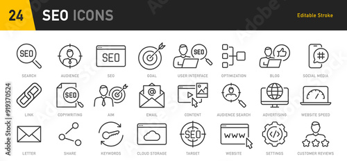 SEO web icons in line style. Contact, target, business and marketing, traffic, ranking, optimization, website collection. Vector illustration.