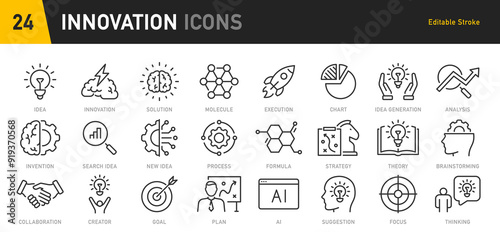 Innovation web icons in line style. Creativity, Finding solution, Brainstorming, technology, teamwork, Inspiration, Creative thinking, Brain. Vector illustration.Web