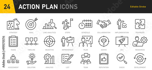 Action plan web icon set in line style. Schedule, plan, implementation, strategy, analysis, collaboration, check, collection. Vector illustration.