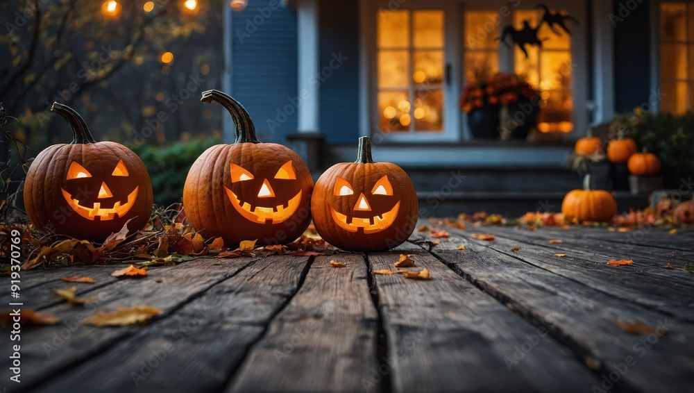 Fototapeta premium Halloween background with pumpkins on porch
