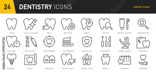 Dentistry web icon set in line style. Dentist, dental, dental treatment, prosthetics, teeth whitening, implant, braces, collection. Vector illustration.
