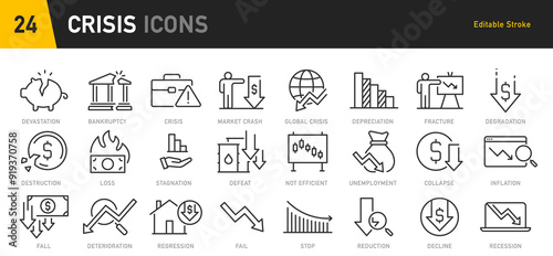 Economic crisis web icon set in line style. Decrease, layoff, job fired, pay cuts, low cost, collection. Vector illustration.