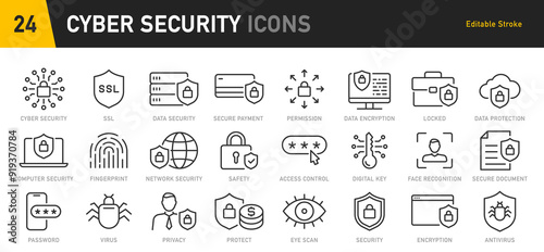 Cyber Security web icons in line style. Guard, cyber security, password, smart home, safety, data protection, key, shield, lock, unlock, eye access. Vector illustration.
