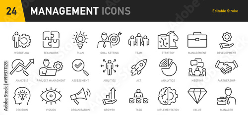 Management web icons in line style. Media, teamwork, business, planning, strategy, marketing collection. Vector illustration.