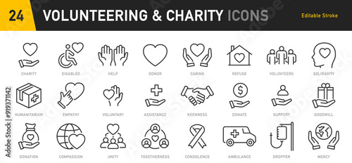 Volunteering and charity web icons in line style. Donate, donor, doctor, care, help, support, collection. Vector illustration.