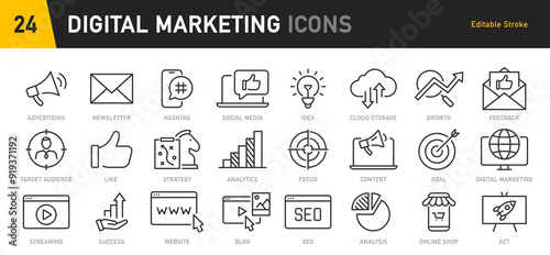 Digital Marketing web icon in line style. Social, networks, feedback, communication, marketing, content, analysis, ecommerce collection. Vector illustration.