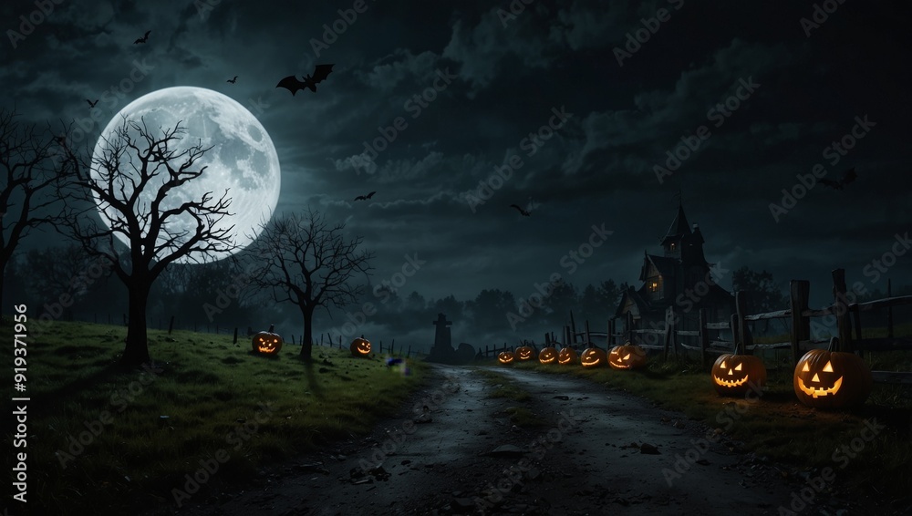Halloween landscape with full moon, spooky background Halloween landscape with full moon, spooky background