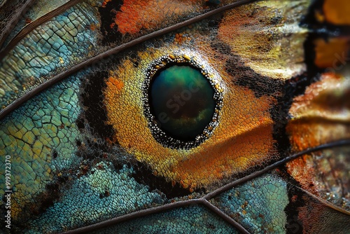 Highly detailed macro shot showcasing the colorful patterns on a butterfly's wing with a prominent eye-like spot. photo