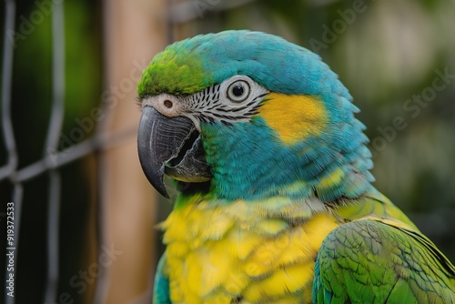 A vibrant parrot with yellow, green, and blue feathers facing the camera, showcasing its exotic appearance.