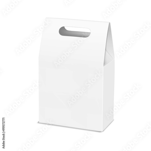 White blank folding cardboard gable box with die cut carry handle. Realistic 3d vector mock-up. Paper gift bag packaging. Mockup. Template for design