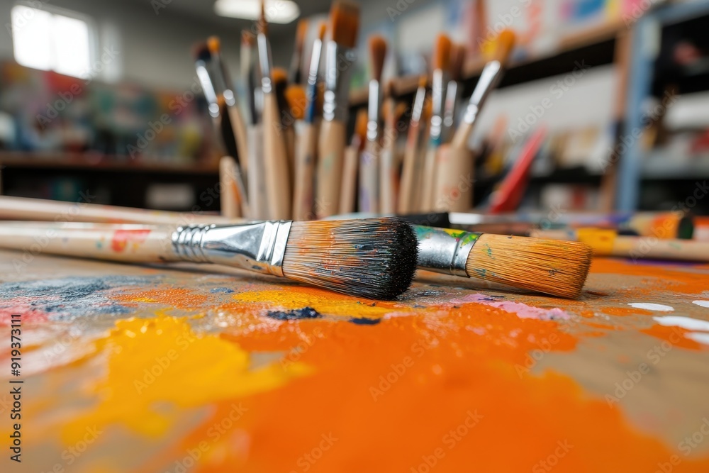Fototapeta premium Creative Exploration: Classroom Art Station with Paints, Brushes, and Dot-Themed Projects