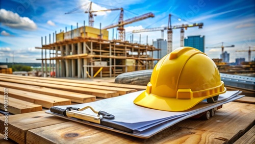 A yellow hard hat and blueprint-clad clipboard lie on a wooden beam amidst a bustling construction site, surrounded by building materials and heavy machinery.