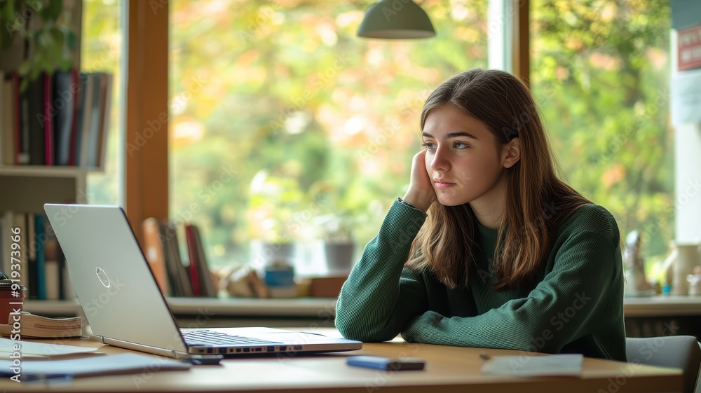 Obraz premium Senior Student Deep in Thought Studying with Laptop in Natural Light from Window