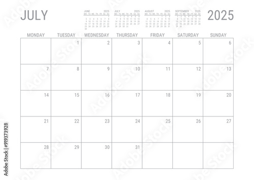 July Calendar 2025 Monthly Planner Printable A4 Monday Start	