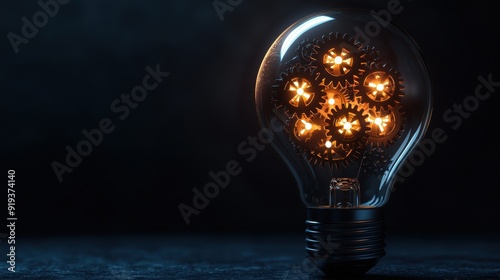 A lightbulb with glowing gears inside, symbolizing the fusion of bright ideas, innovation, and strategic thinking