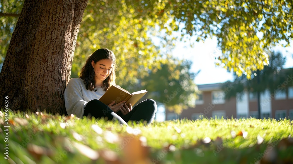 Serene Senior Student Engrossed in Reading Book Under Campus Tree, Reflection and Peace in Learning Environment Serene Senior Student Engrossed in Reading Book Under Campus Tree, Reflection and Peace in Learning Environment