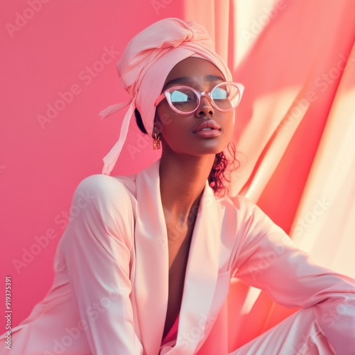 a woman in a pink outfit and glasses