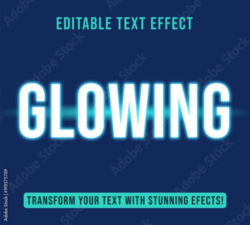 Editable text effects with white bright glow and blue shadow themes, Customizable and Ready to Use.