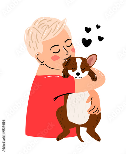 Boy hugs puppy. Relaxing friendship of kid and pet with hearts isolated on white background, vector illustration