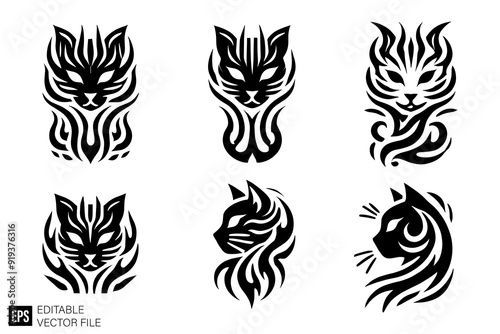 set of tribal cat tattoo vector graphic design black and white clip art silhouette