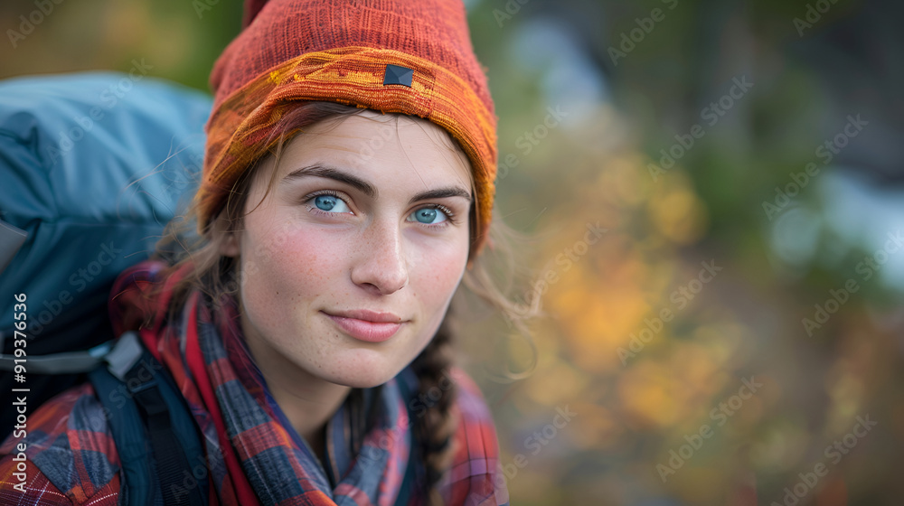 Female traveler with blue eyes and an orange hat on a hiking adventure Female traveler with blue eyes and an orange hat on a hiking adventure