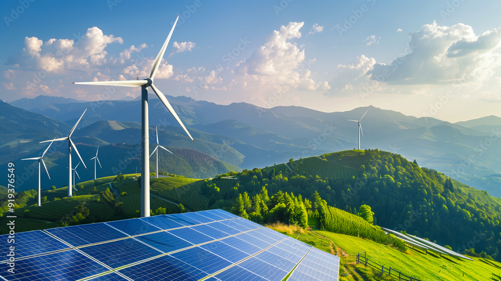 © manassanant - Solar farm, Solar cells panels and wind turbines for electricity alternative renewable energy on top of mountain. . © manassanant - Solar farm, Solar cells panels and wind turbines for electricity alternative renewable energy on top of mountain. .