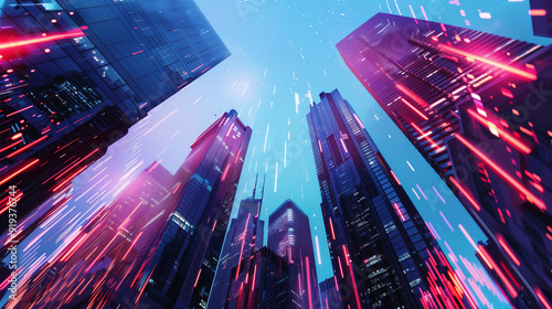 Modern building skyscrapers with light, commercial finance city.