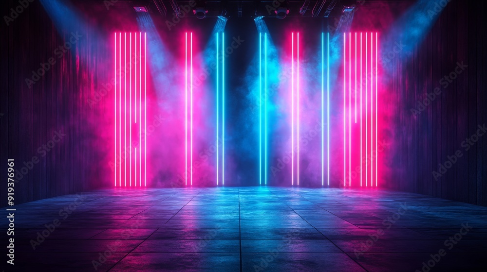 A vibrant studio with neon lights illuminating a stage with loudspeakers A vibrant studio with neon lights illuminating a stage with loudspeakers
