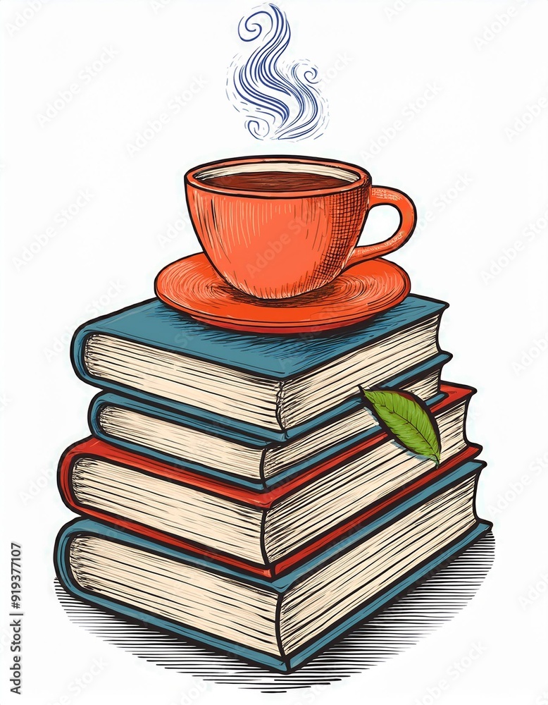 Cup of tee or coffee on a stack of books. Hand drawn vector illustration isolated on white background. Cup of tee or coffee on a stack of books. Hand drawn vector illustration isolated on white background.
