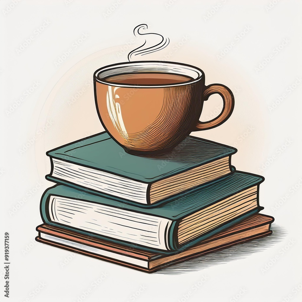 Cup of tee or coffee on a stack of books. Hand drawn vector illustration isolated on white background. Cup of tee or coffee on a stack of books. Hand drawn vector illustration isolated on white background.