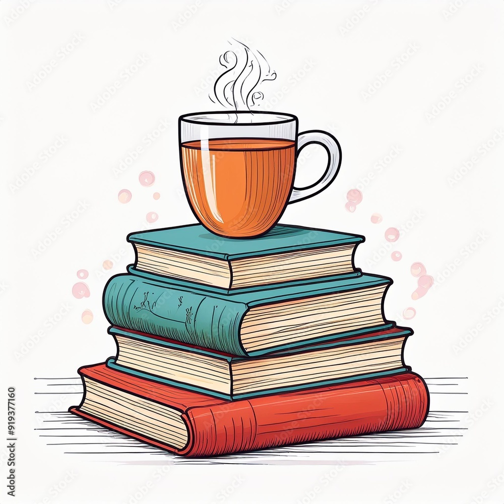 Cup of tee or coffee on a stack of books. Hand drawn vector illustration isolated on white background. Cup of tee or coffee on a stack of books. Hand drawn vector illustration isolated on white background.