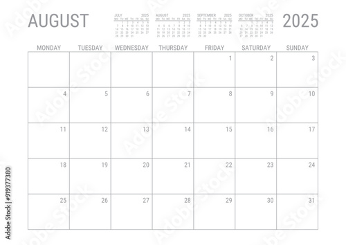 August Calendar 2025 Monthly Planner Printable A4 Monday Start	