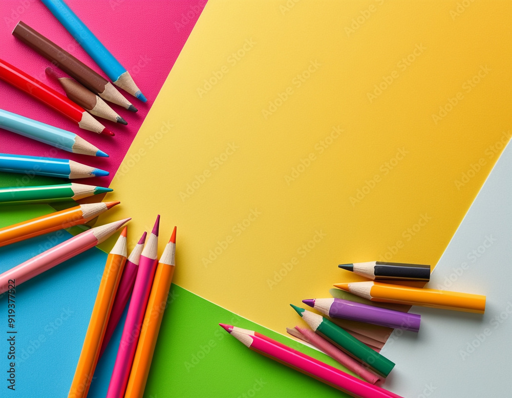 Fototapeta premium Top view of stationary blank paper and color pencils with copy space