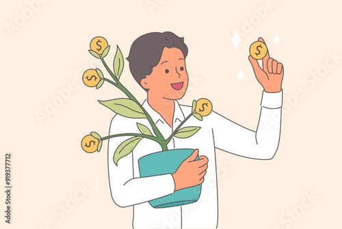 Money tree in hands of business man receiving income and profit from investments in shares
