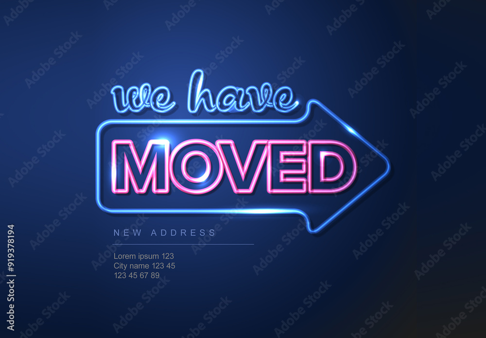 We are moving minimalistic neon blue flyer template with big arrow