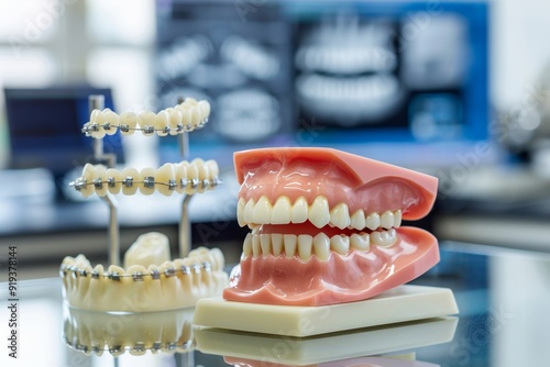 Close-up image of dental prosthetics and dental models on a reflective surface. Useful for medical and dental education. Detailed and conceptual. Ideal for a dental office. Generative AI photo