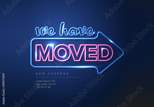 Obraz na płótnie We are moving minimalistic neon blue flyer template with big arrow w salonie