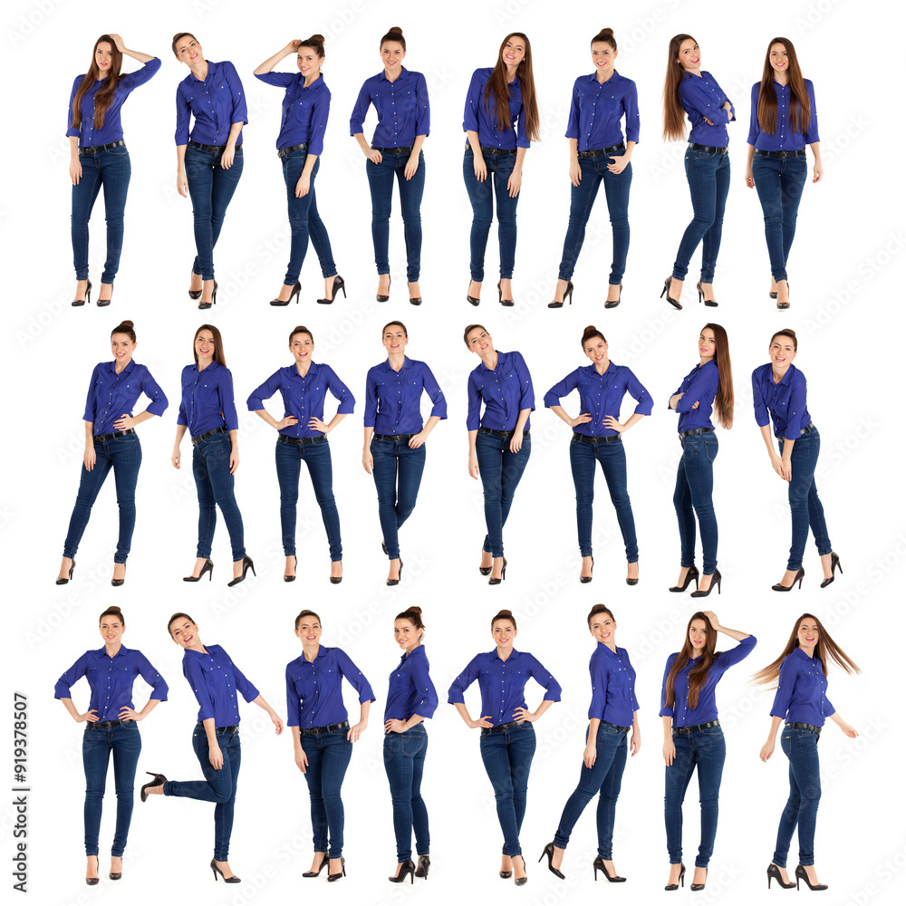 Obraz premium Collage, beautiful women in blue jeans and blue shirt