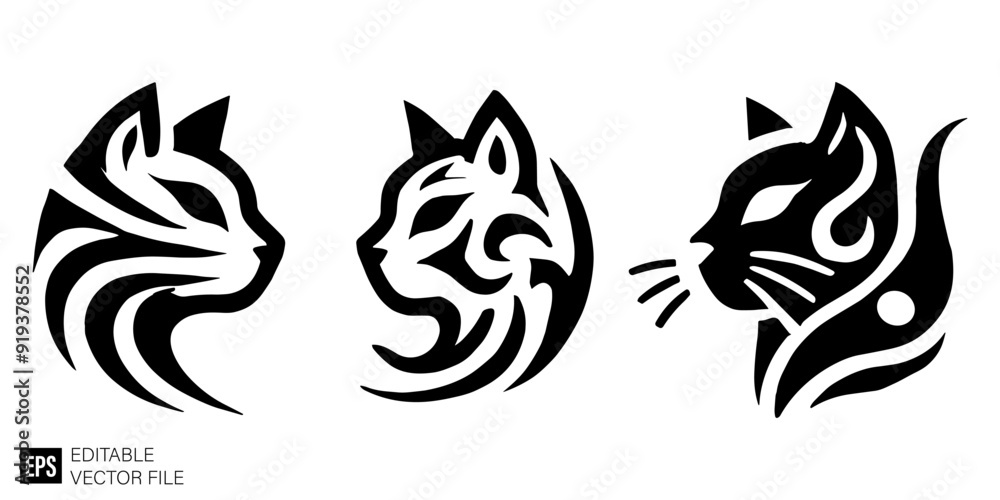 set of tribal flame cat head tattoo Graphic Design Elements Vector Silhouette Clip Art Black and White Illustrations set of tribal flame cat head tattoo Graphic Design Elements Vector Silhouette Clip Art Black and White Illustrations