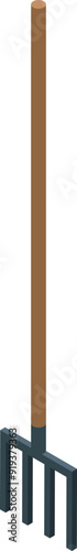 Garden fork standing with long wooden handle is a gardening tool with a wooden handle and metal head