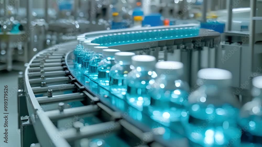 Bottles of blue liquid move along a conveyor belt in a factory setting. The bottles are capped and ready for packaging. Bottles of blue liquid move along a conveyor belt in a factory setting. The bottles are capped and ready for packaging.