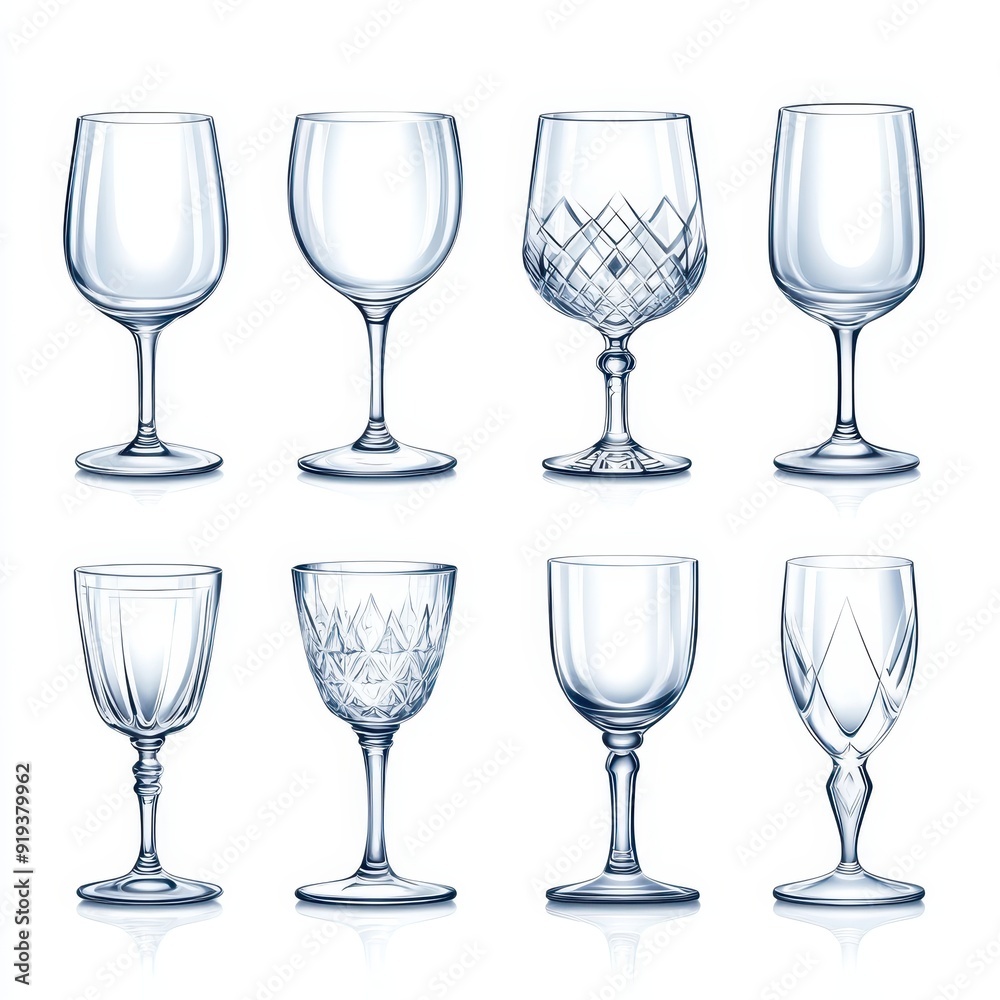 Collection of antique crystal wine glasses displayed on a simple white background Collection of antique crystal wine glasses displayed on a simple white background
